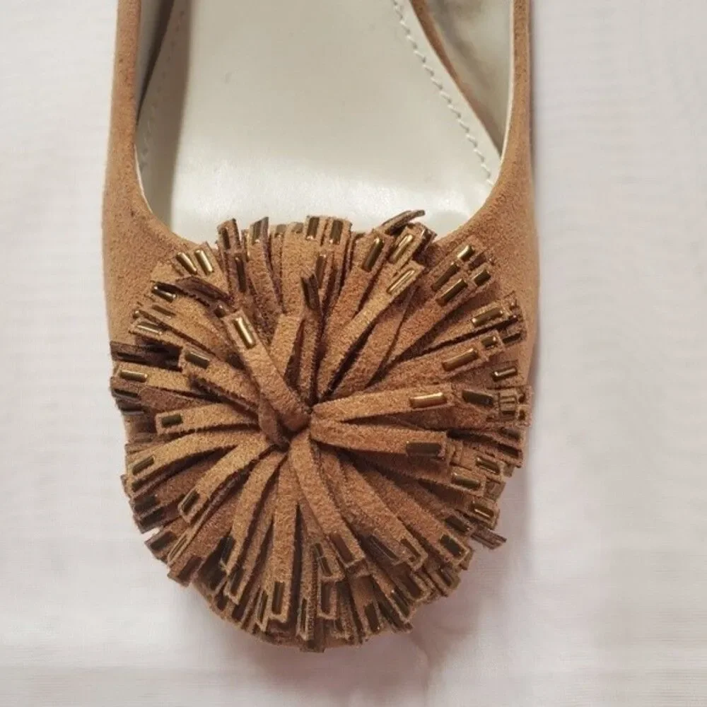 Anne Klein iflex Happy Toffee Suede Pom om Slip On Block Heel Versatile Shoes
